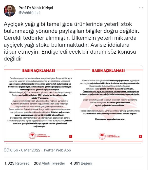 Bakan Kirişçi'den Ayçiçek yağı açıklaması