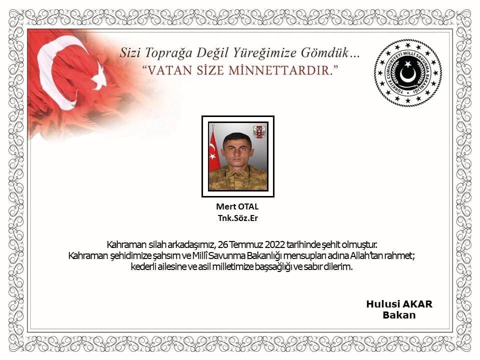 Fırat Kalkanı Harekatı bölgesinde 2 asker şehit oldu