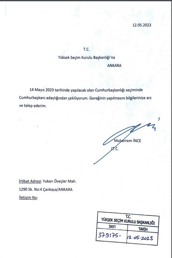 İnce'nin adaylıktan çekilme dilekçesi YSK'ya teslim edildi