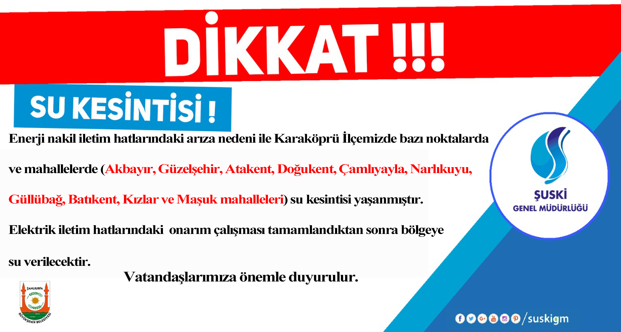 Karaköprü'de su kesintisi yaşanacak