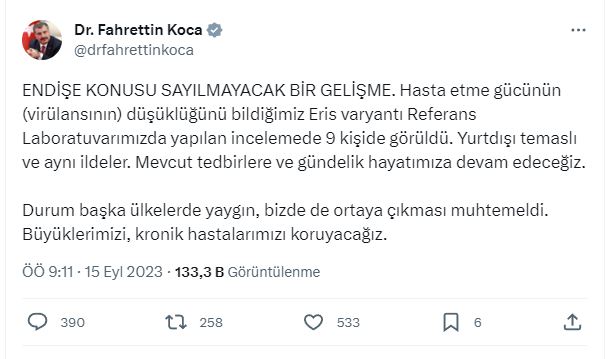 Fahrettin Koca Duyurdu: Eris Varyantında İlk Vaka!
