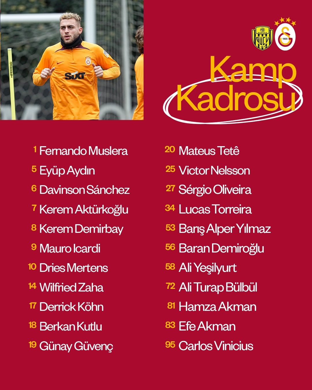 Galatasaray'ın MKE Ankaragücü maçı kamp kadrosu belli oldu