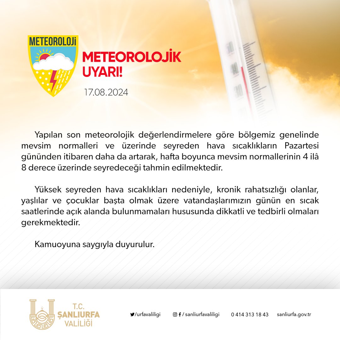 Şanlıurfa'da pazartesi gününden sonra dikkat!