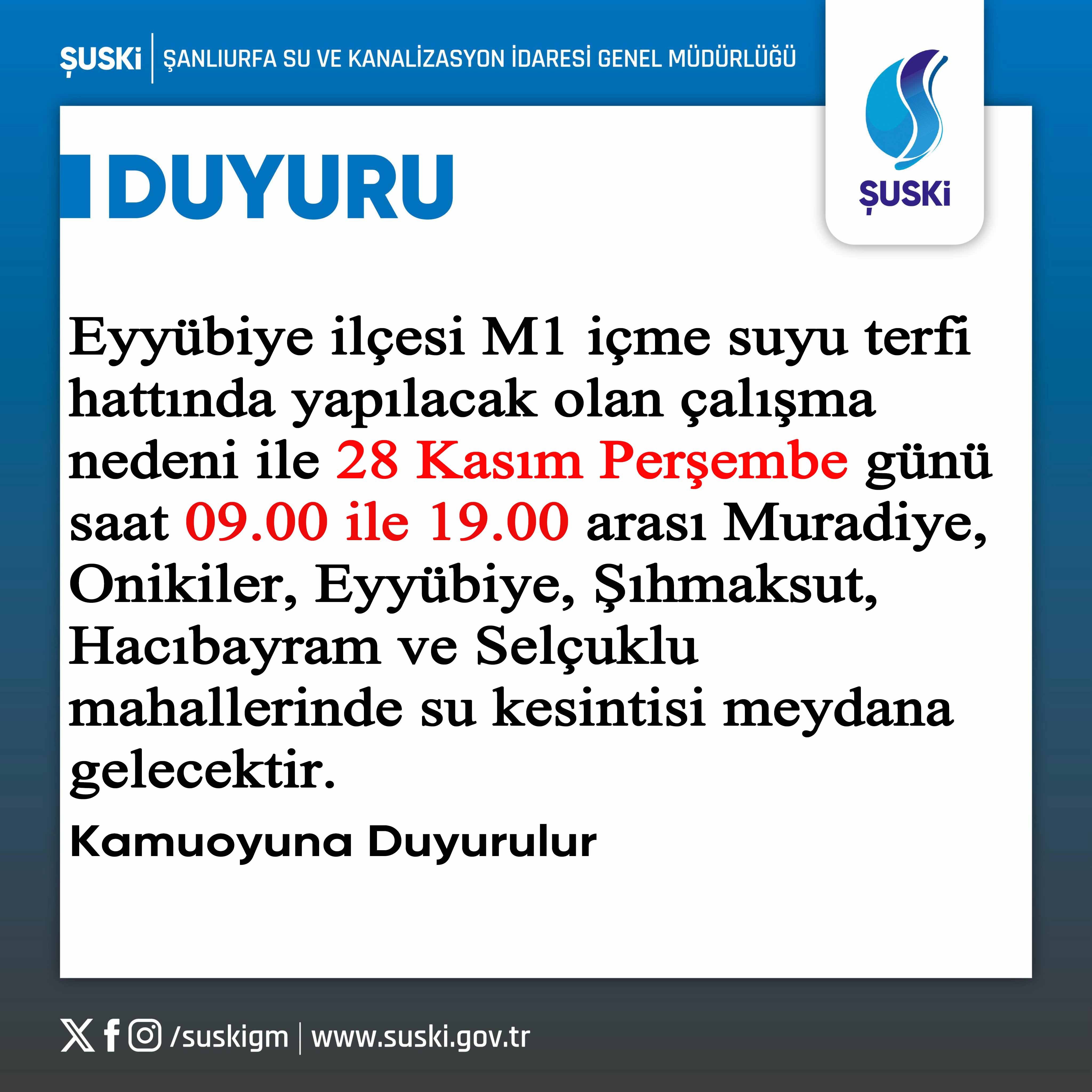 Şanlıurfa'da 6 mahallede sular kesilecek