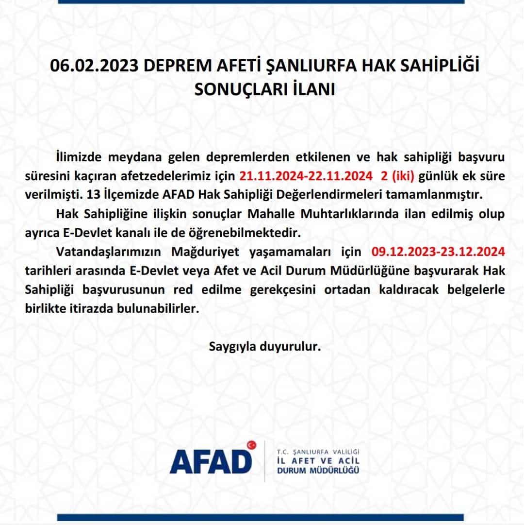 Şanlıurfa'da Hak Sahipliği Sonuçları Açıklandı
