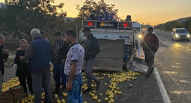 Tekeri patlayan elma yüklü kamyonet devrildi