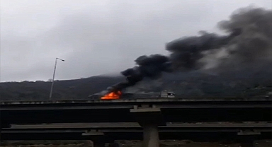 Seyir halinde ilerleyen tır alev aldı