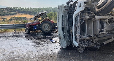 Devrilen kamyon traktöre çarptı: 1 ölü 4 yaralı
