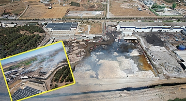 Tonlarca atık kağıdın kül olduğu fabrika havadan görüntülendi