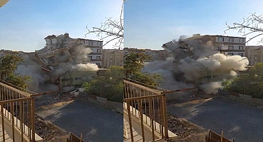 Ağır hasarlı bina tek dokunuşta yerle bir oldu! O anlar kamerada