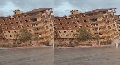 Kolonları kesilerek yıkılan 8 katlı binanın yerle 1 olma anı kamerada
