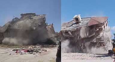 Kolonlarına zarar verilerek yıkılan binaların yerle bir olma anları kamerada