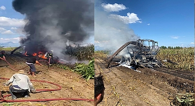 Silaj makinesi ve traktör alev topuna döndü, işçiler zor kurtuldu