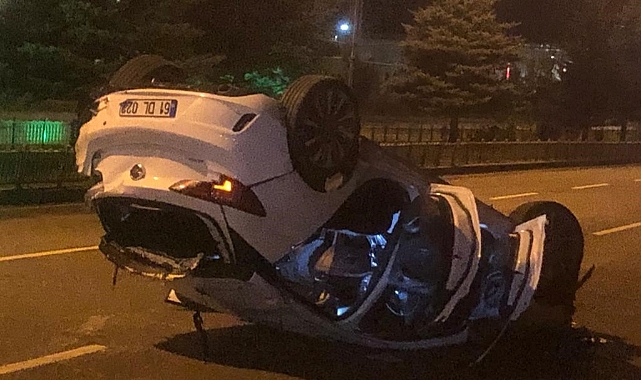 Erzurum’da feci kaza, araç ters döndü