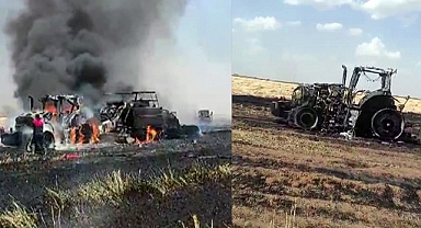 Akçakale'de saman pres makinesi ile traktör alev alev yandı