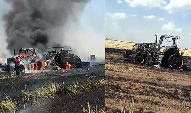 Akçakale'de saman pres makinesi ile traktör alev alev yandı