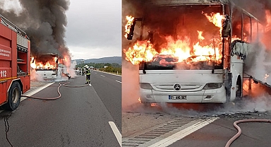 Yolcu otobüsü otoyolda alev alev yandı